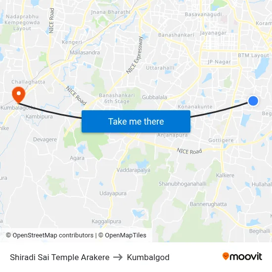 Shiradi Sai Temple Arakere to Kumbalgod map