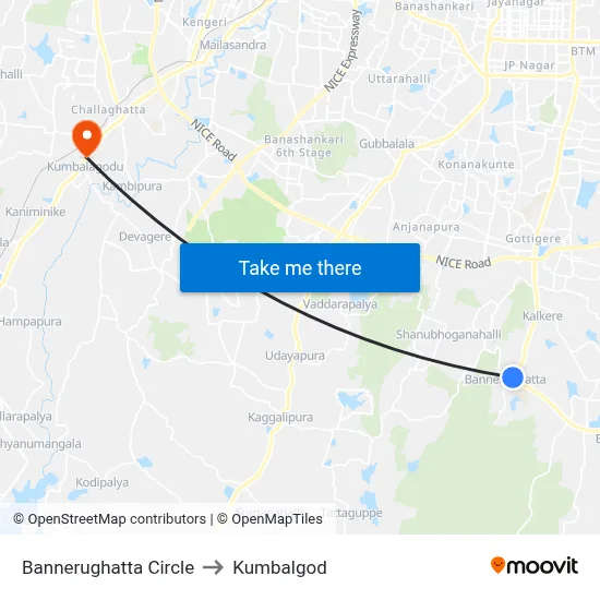 Bannerughatta Circle to Kumbalgod map