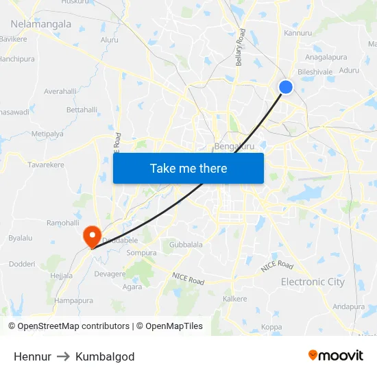 Hennur to Kumbalgod map