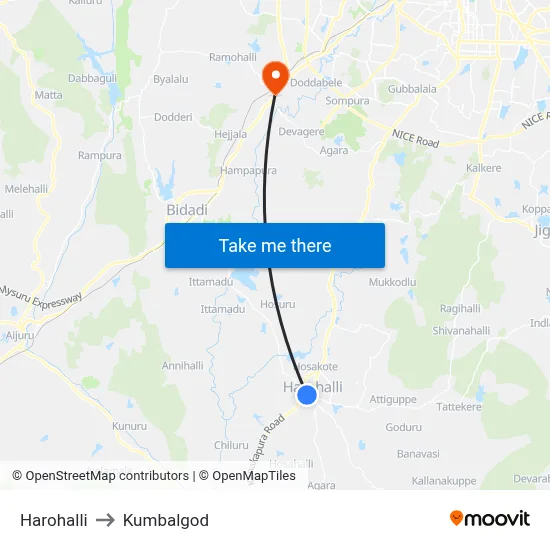 Harohalli to Kumbalgod map