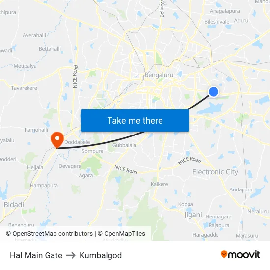 Hal Main Gate to Kumbalgod map