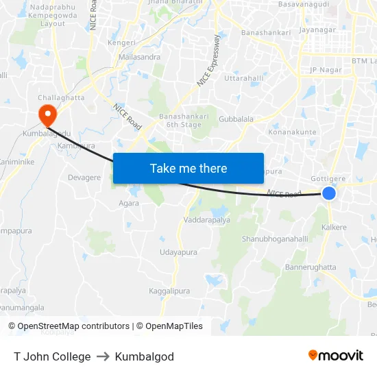 T John College to Kumbalgod map