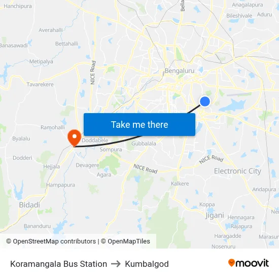 Koramangala Bus Station to Kumbalgod map