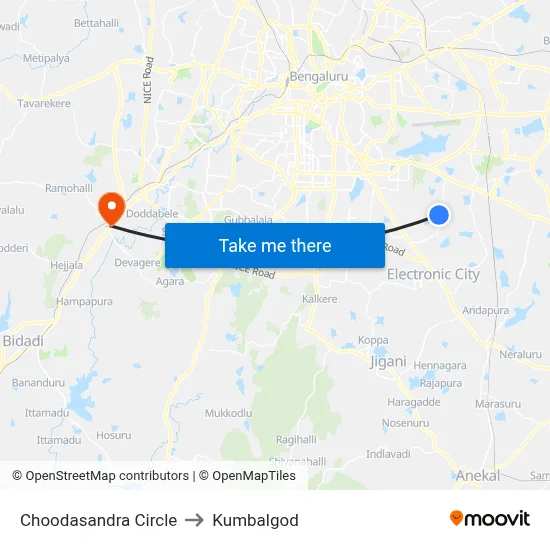 Choodasandra Circle to Kumbalgod map