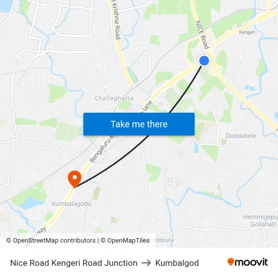 Nice Road Kengeri Road Junction to Kumbalgod map
