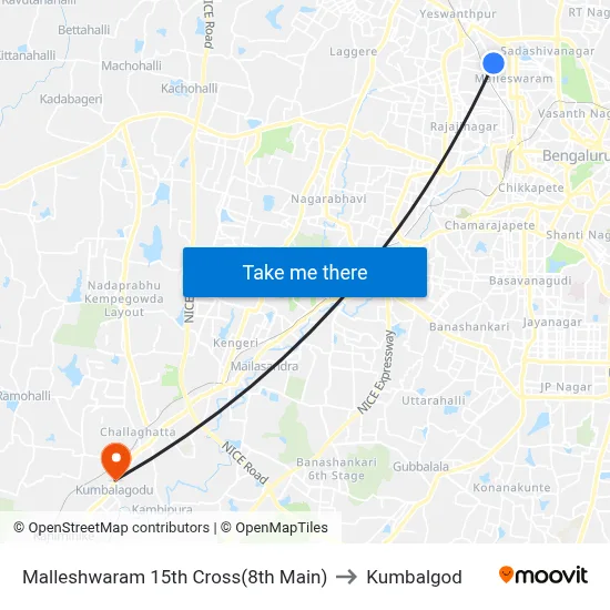 Malleshwaram 15th Cross(8th Main) to Kumbalgod map