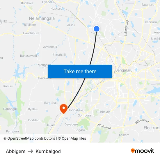 Abbigere to Kumbalgod map