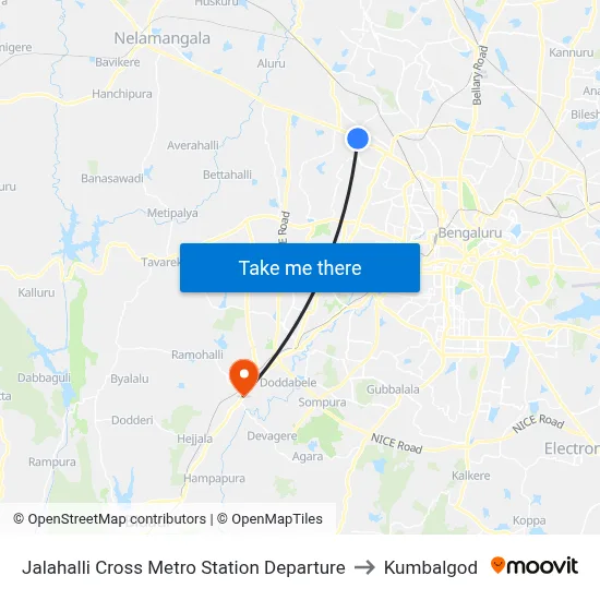 Jalahalli Cross Metro Station Departure to Kumbalgod map