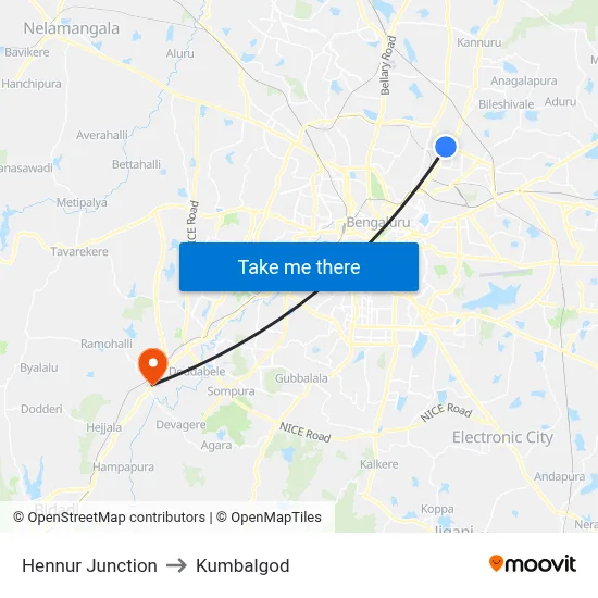 Hennur Junction to Kumbalgod map