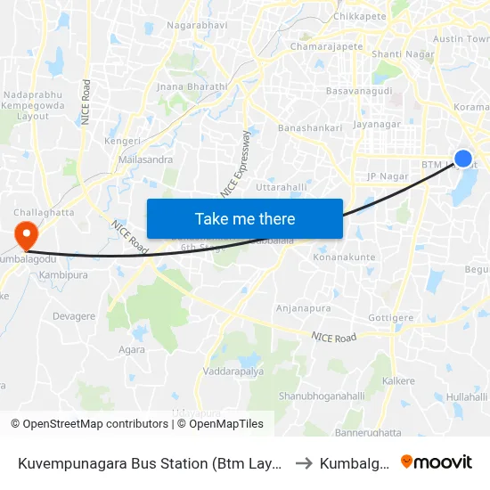 Kuvempunagara Bus Station (Btm Layout) to Kumbalgod map