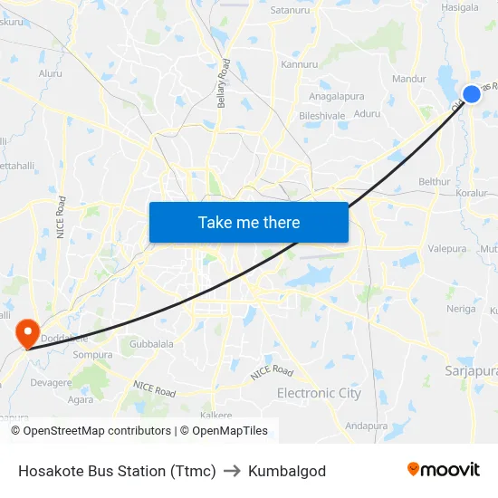 Hosakote Bus Station (Ttmc) to Kumbalgod map