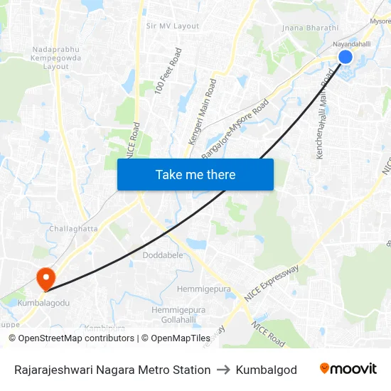 Rajarajeshwari Nagara Metro Station to Kumbalgod map