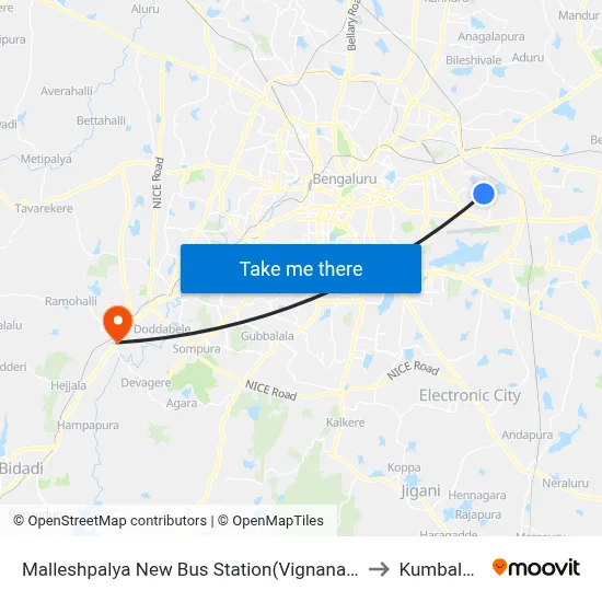 Malleshpalya New Bus Station(Vignananagar) to Kumbalgod map