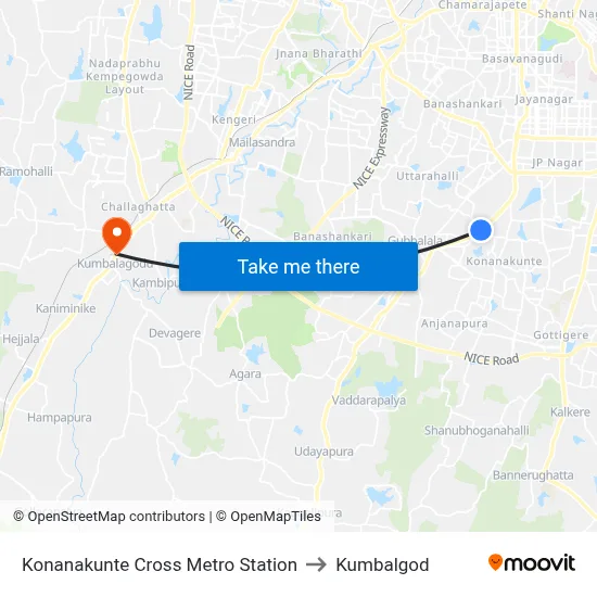 Konanakunte Cross Metro Station to Kumbalgod map