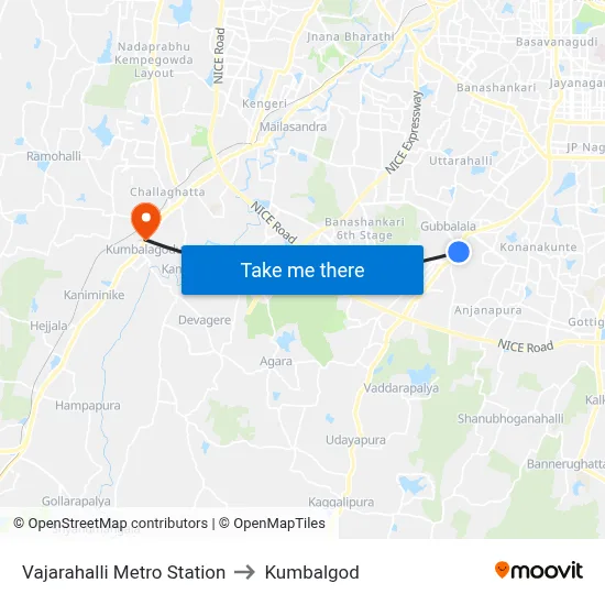 Vajarahalli Metro Station to Kumbalgod map