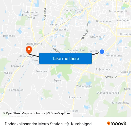 Doddakallasandra Metro Station to Kumbalgod map