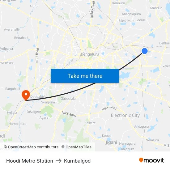 Hoodi Metro Station to Kumbalgod map