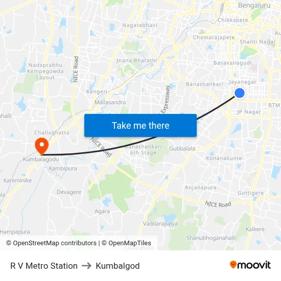 R V Metro Station to Kumbalgod map