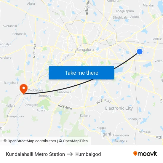 Kundalahalli Metro Station to Kumbalgod map