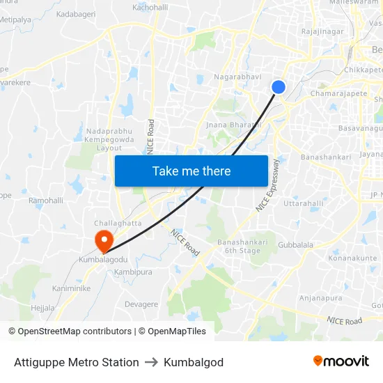 Attiguppe Metro Station to Kumbalgod map
