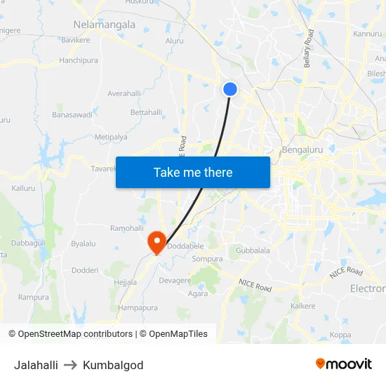 Jalahalli to Kumbalgod map