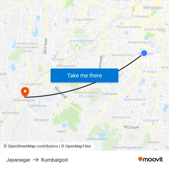 Jayanagar to Kumbalgod map
