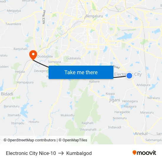 Electronic City Nice-10 to Kumbalgod map