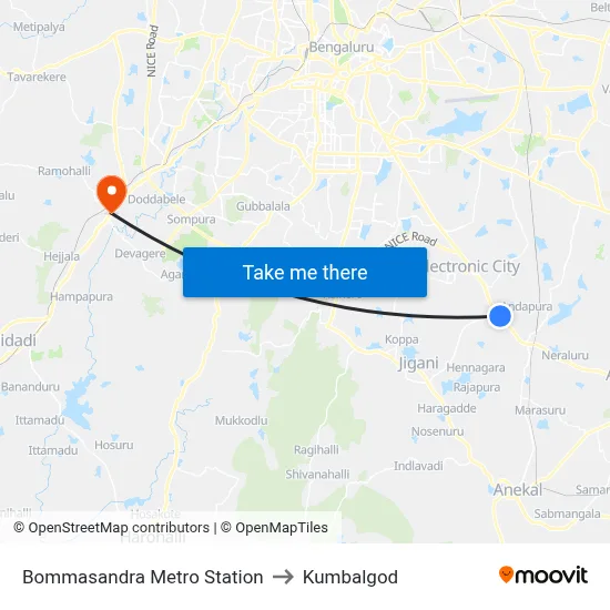 Bommasandra Metro Station to Kumbalgod map