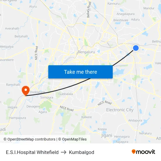 E.S.I.Hospital Whitefield to Kumbalgod map