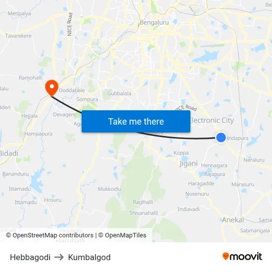 Hebbagodi to Kumbalgod map