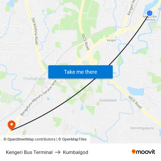 Kengeri Bus Terminal to Kumbalgod map