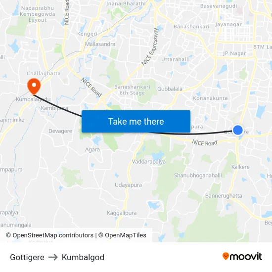 Gottigere to Kumbalgod map