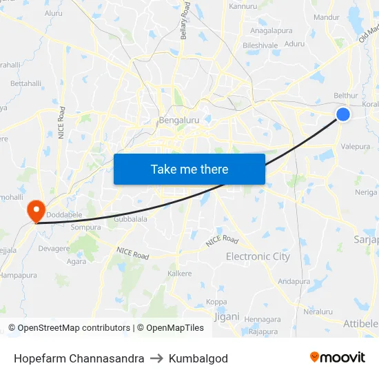Hopefarm Channasandra to Kumbalgod map