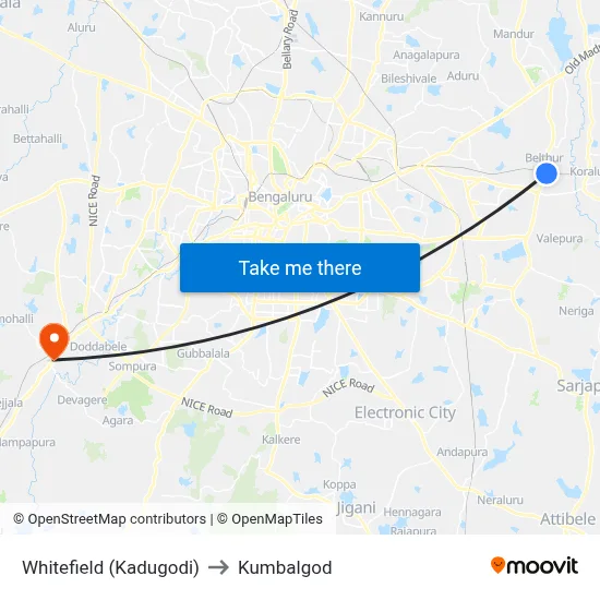 Whitefield (Kadugodi) to Kumbalgod map