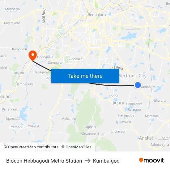 Biocon Hebbagodi Metro Station to Kumbalgod map