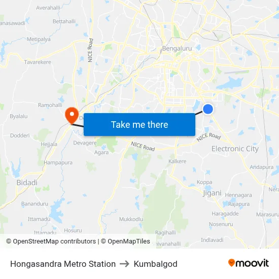 Hongasandra Metro Station to Kumbalgod map