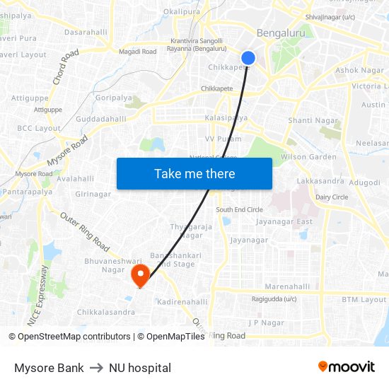 Mysore Bank to NU hospital map