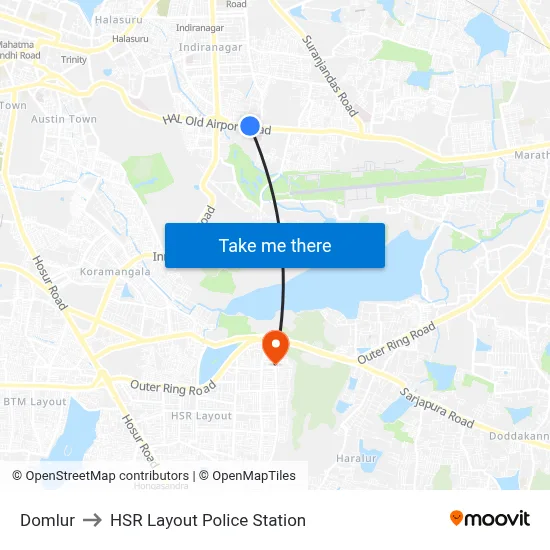 Domlur to HSR Layout Police Station map
