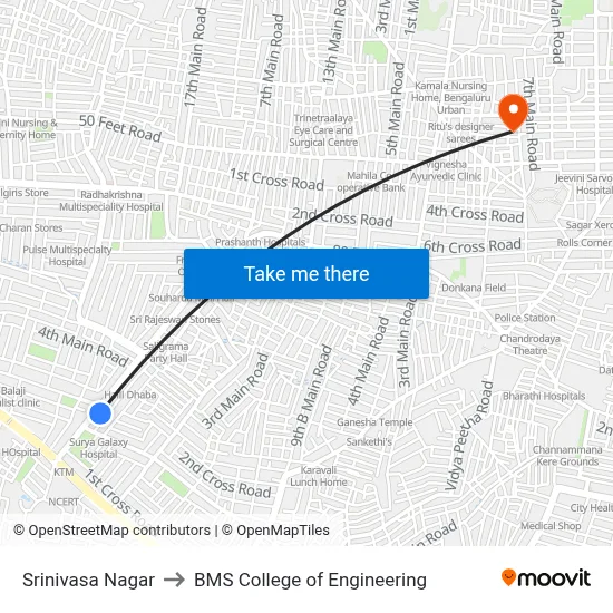Srinivasa Nagar to BMS College of Engineering map