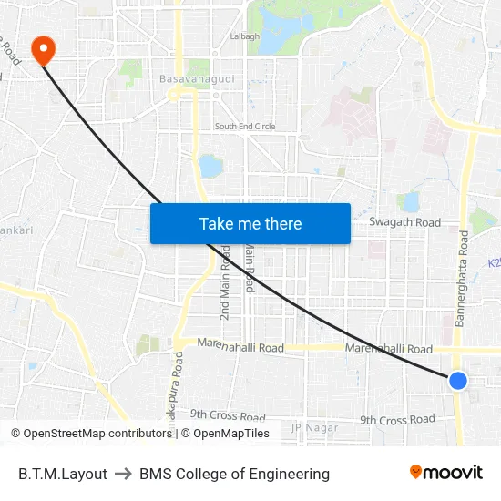 B.T.M.Layout to BMS College of Engineering map