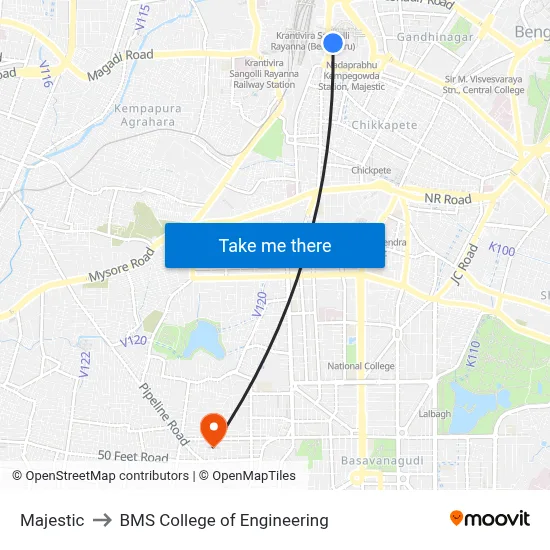 मजेस्टिक to बीएमएस इंजीनियरिंग कॉलेज map