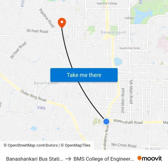 Banashankari Bus Station to BMS College of Engineering map