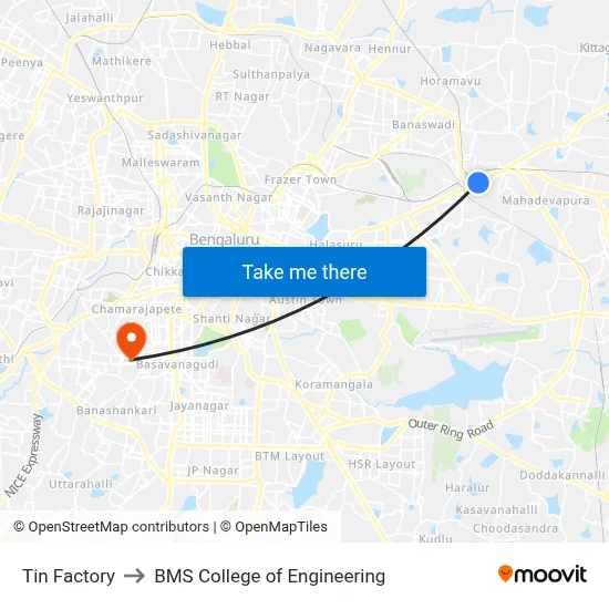 Tin Factory to BMS College of Engineering map