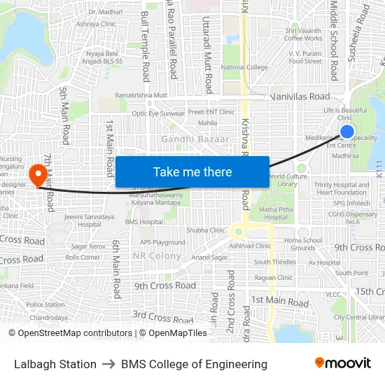 Lalbagh Station to BMS College of Engineering map