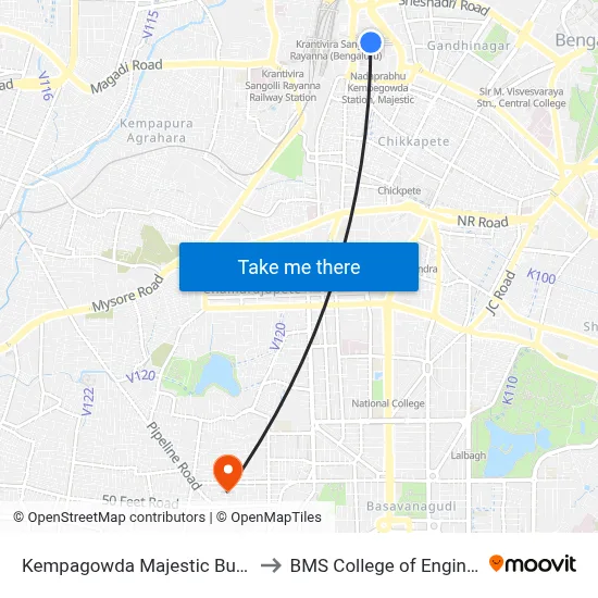 Kempagowda Majestic Bus stand to BMS College of Engineering map