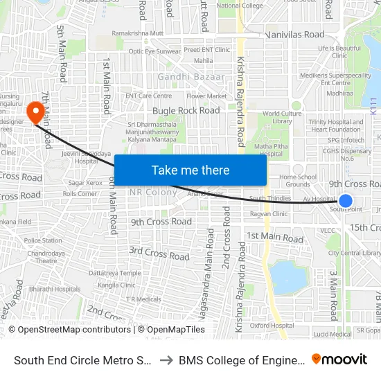 South End Circle Metro Station to BMS College of Engineering map