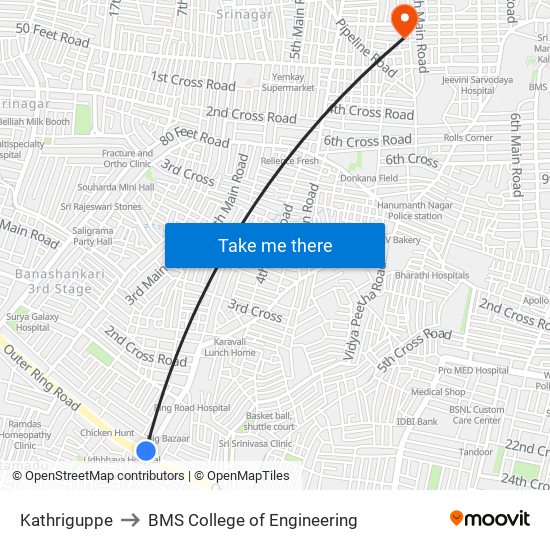 Kathriguppe to BMS College of Engineering map
