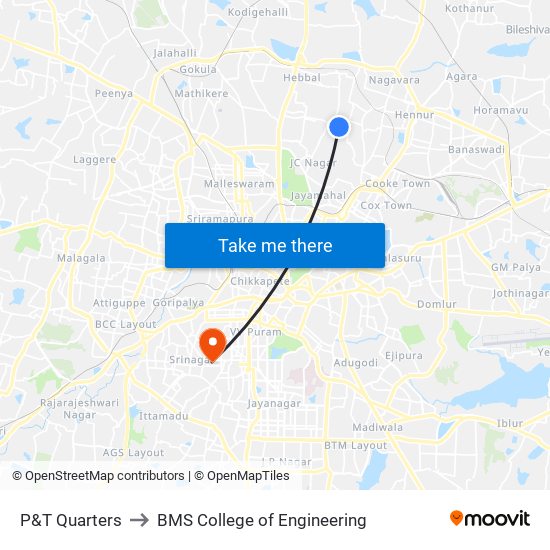 P&T Quarters to BMS College of Engineering map