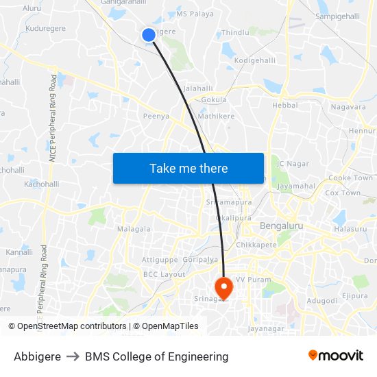 Abbigere to BMS College of Engineering map