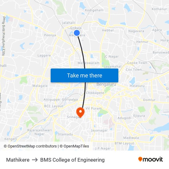Mathikere to BMS College of Engineering map